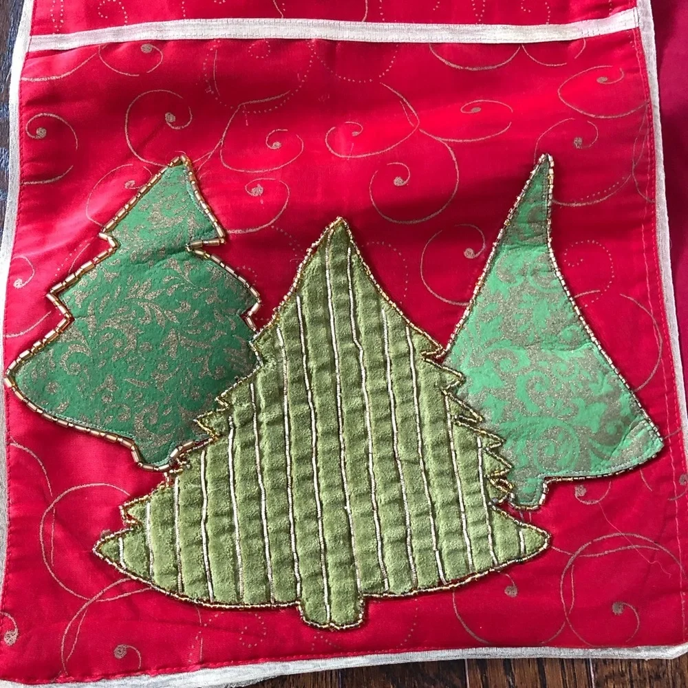 Pier 1 Imports 13”x72” Red/Gold/Green Christmas Trees Appliqué Table Runner